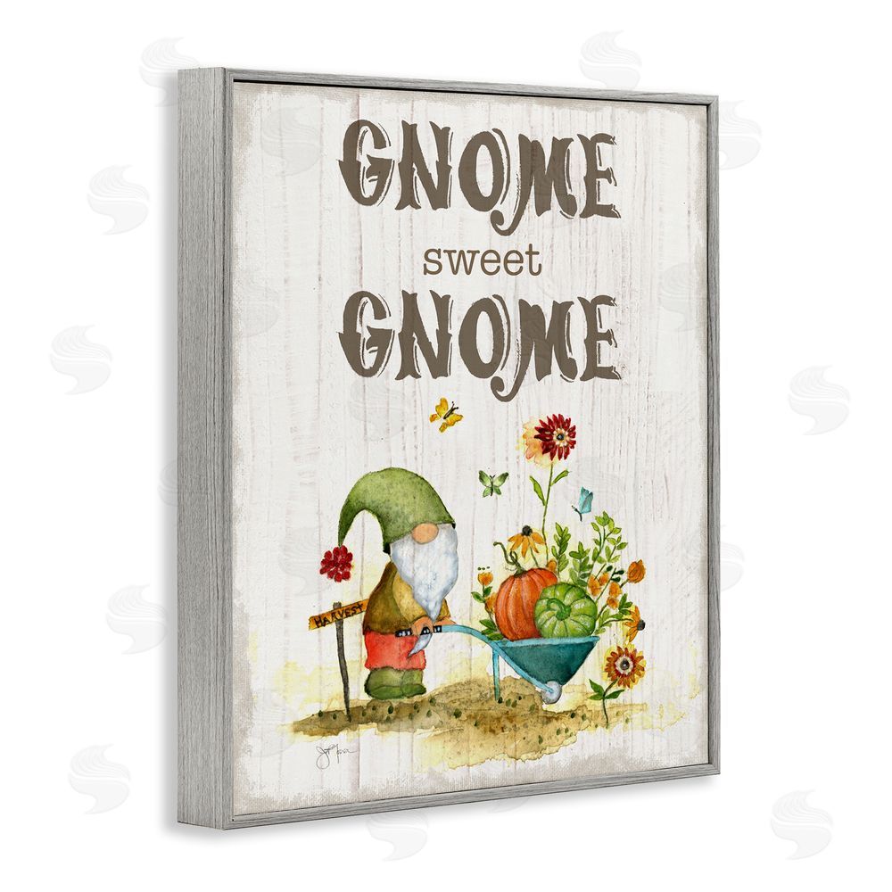 Janet Tava Sweet Gnome Floral Harvest Gray Framed Giclee Wall Art Print