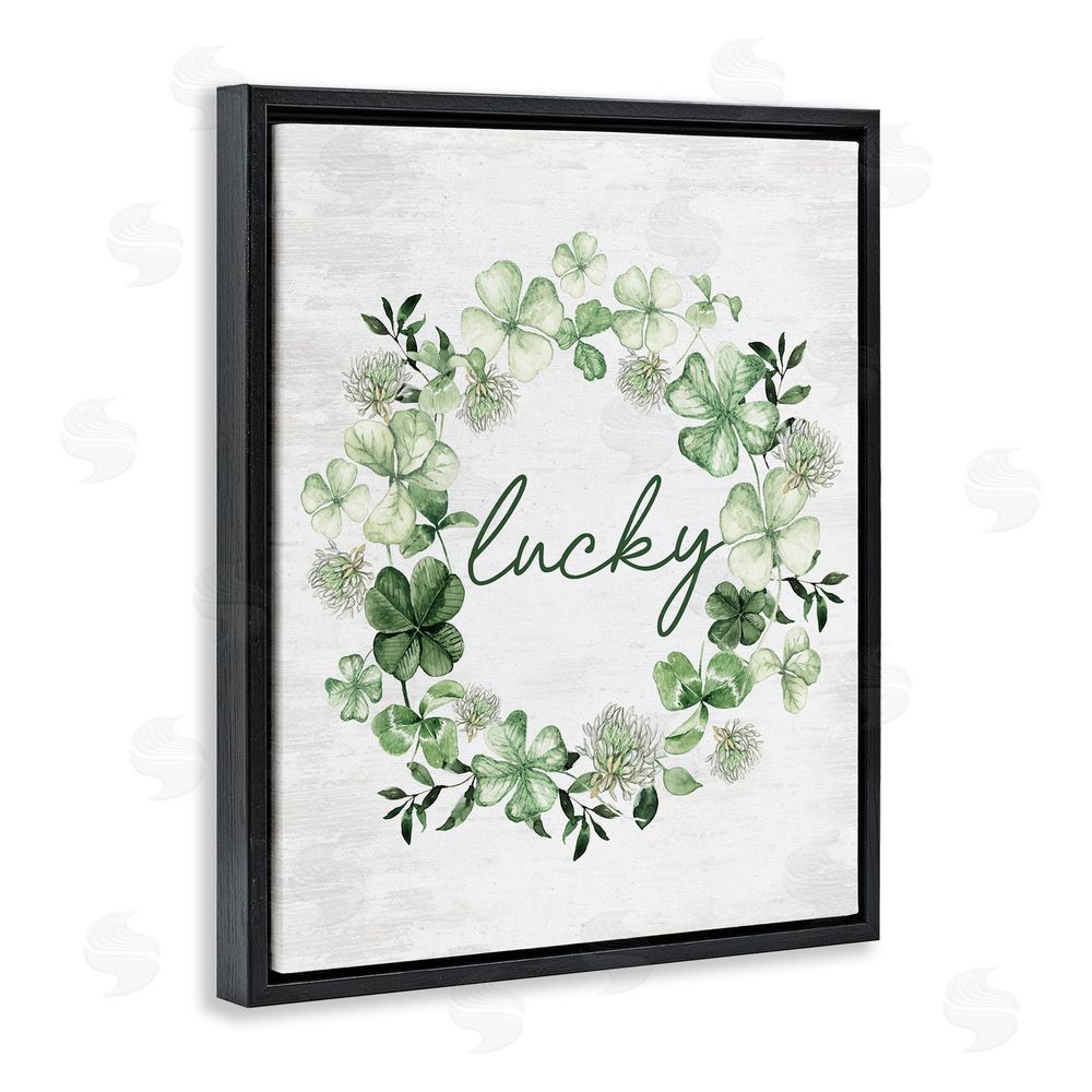Lettered and Lined Lucky Clover Wreath Black Floating Frame Canvas Wall Art Print