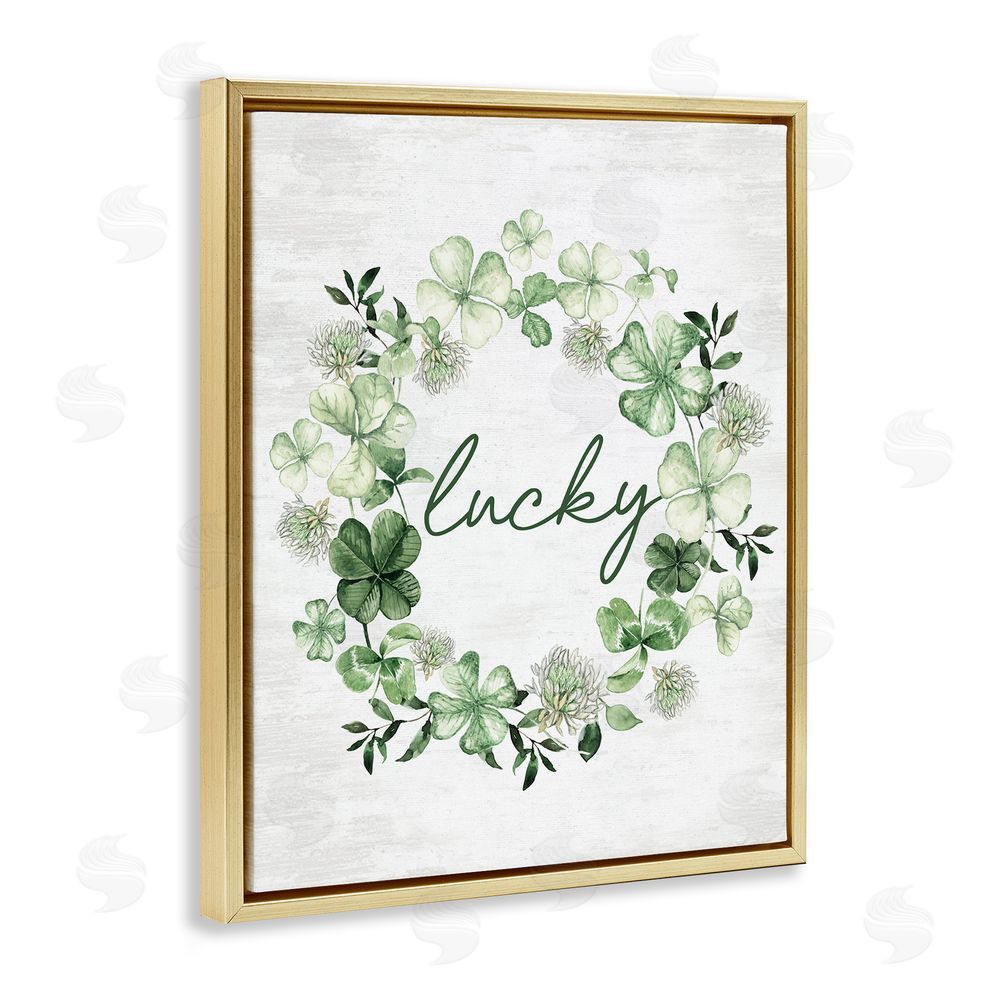 Lettered and Lined Lucky Clover Wreath Gold Floating Frame Canvas Wall Art Print