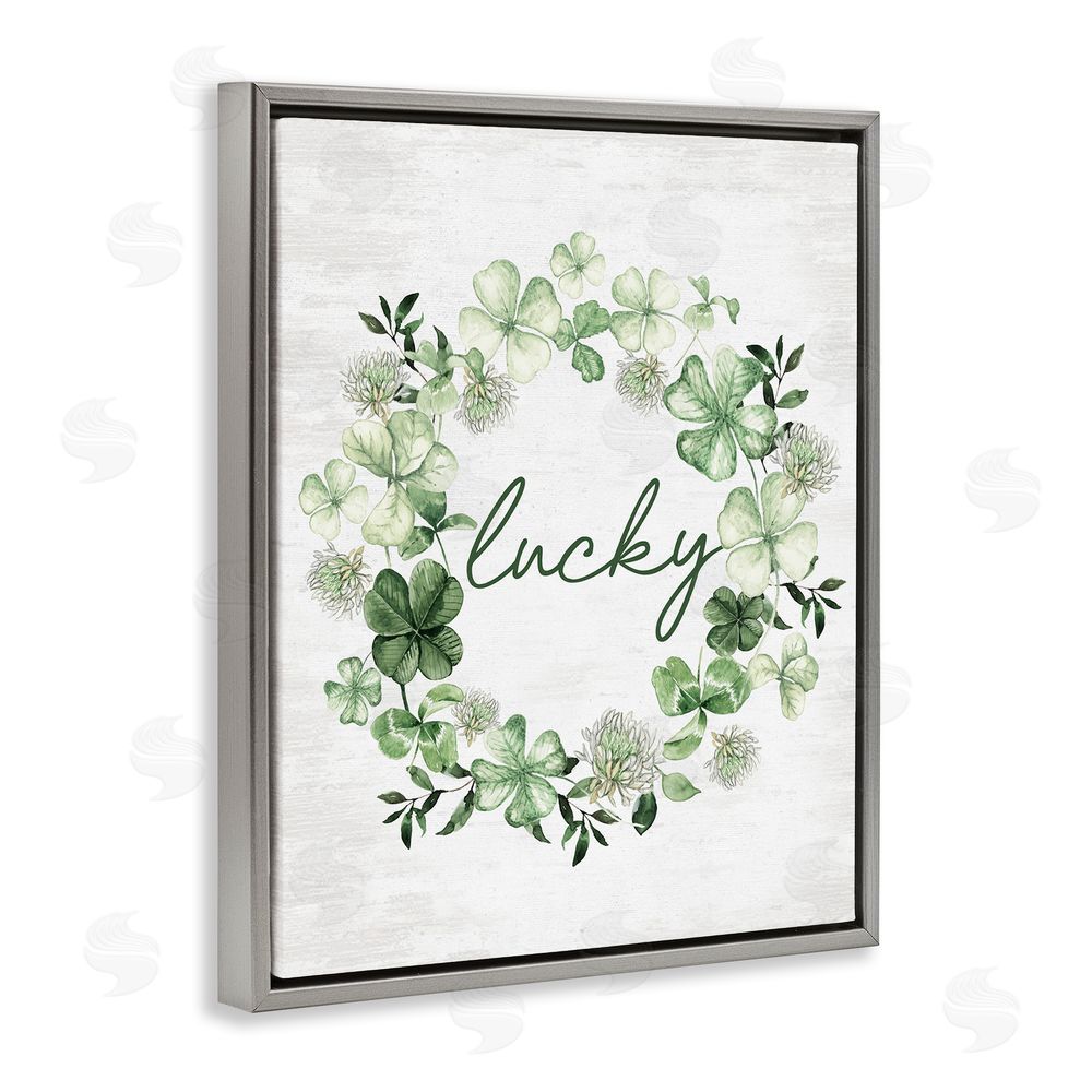 Lettered and Lined Lucky Clover Wreath Grey Floating Frame Canvas Wall Art Print