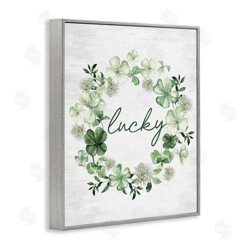 Lettered and Lined Lucky Clover Wreath Gray Framed Giclee Wall Art Print