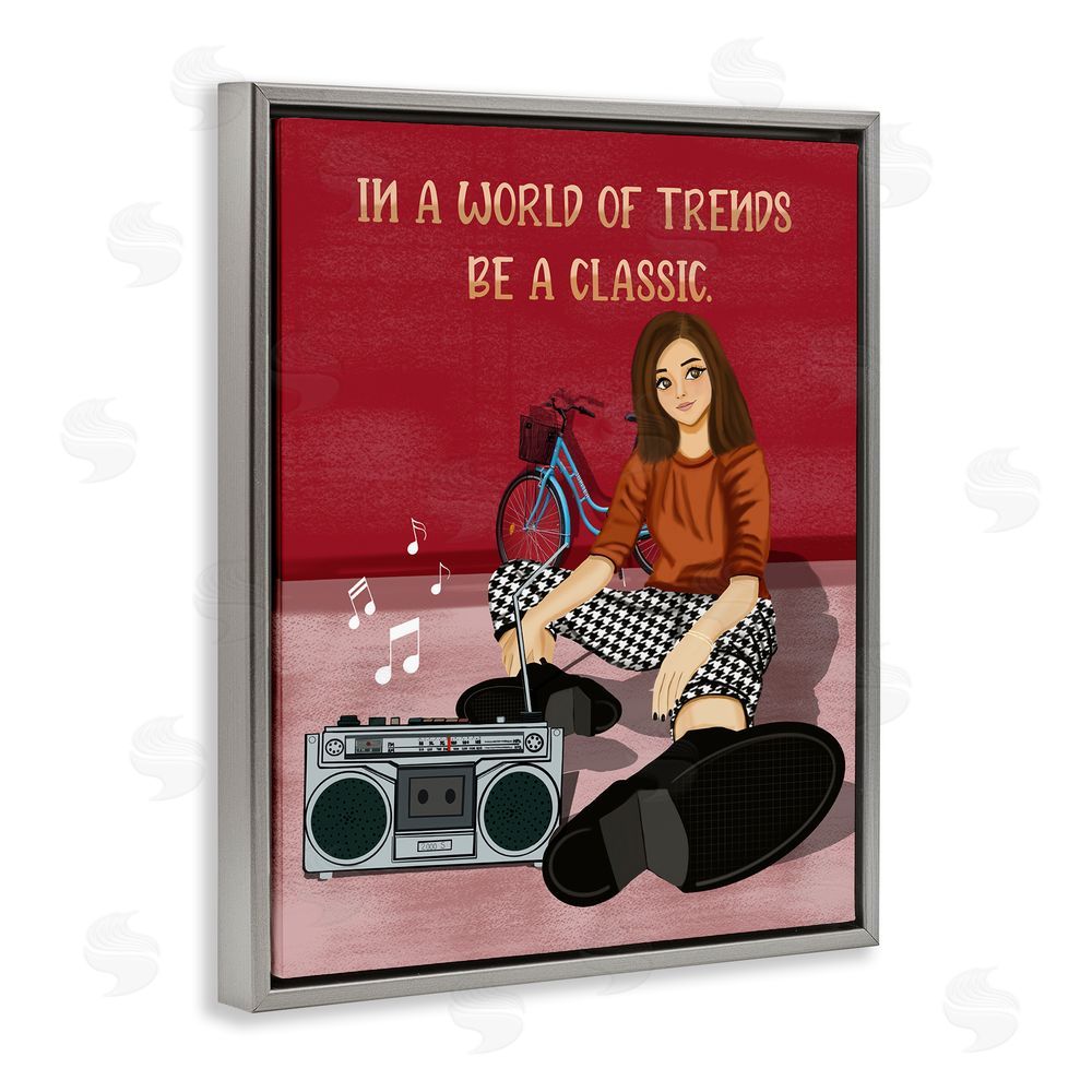 Saba Rauf Motivational Girl with Boombox Grey Floating Frame Canvas Wall Art Print