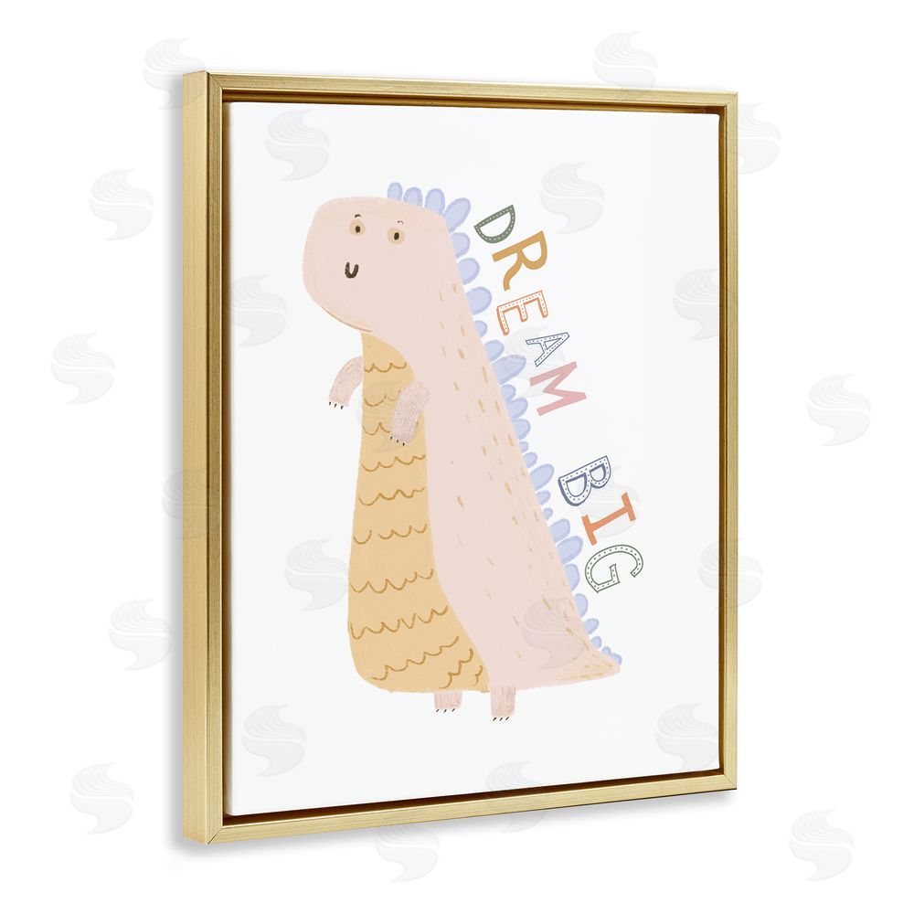 Katie Griggs Dream Big Pastel T-Rex Gold Floating Frame Canvas Wall Art Print