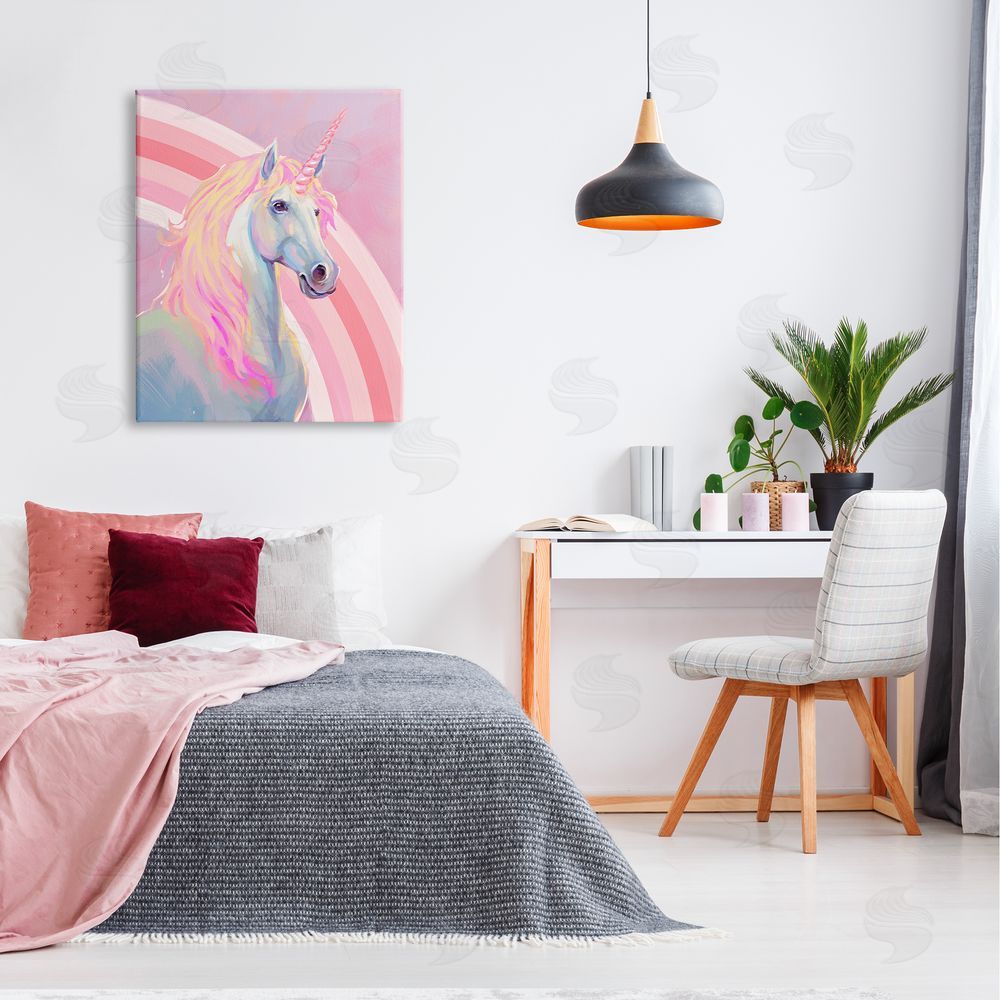 Ziwei Li Pastel Pink Unicorn Canvas Wall Art Print in Room