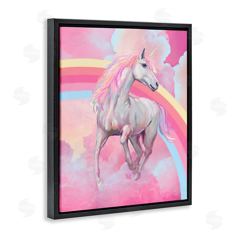 Ziwei Li Pink Unicorn & Clouds Black Floating Frame Canvas Wall Art Print