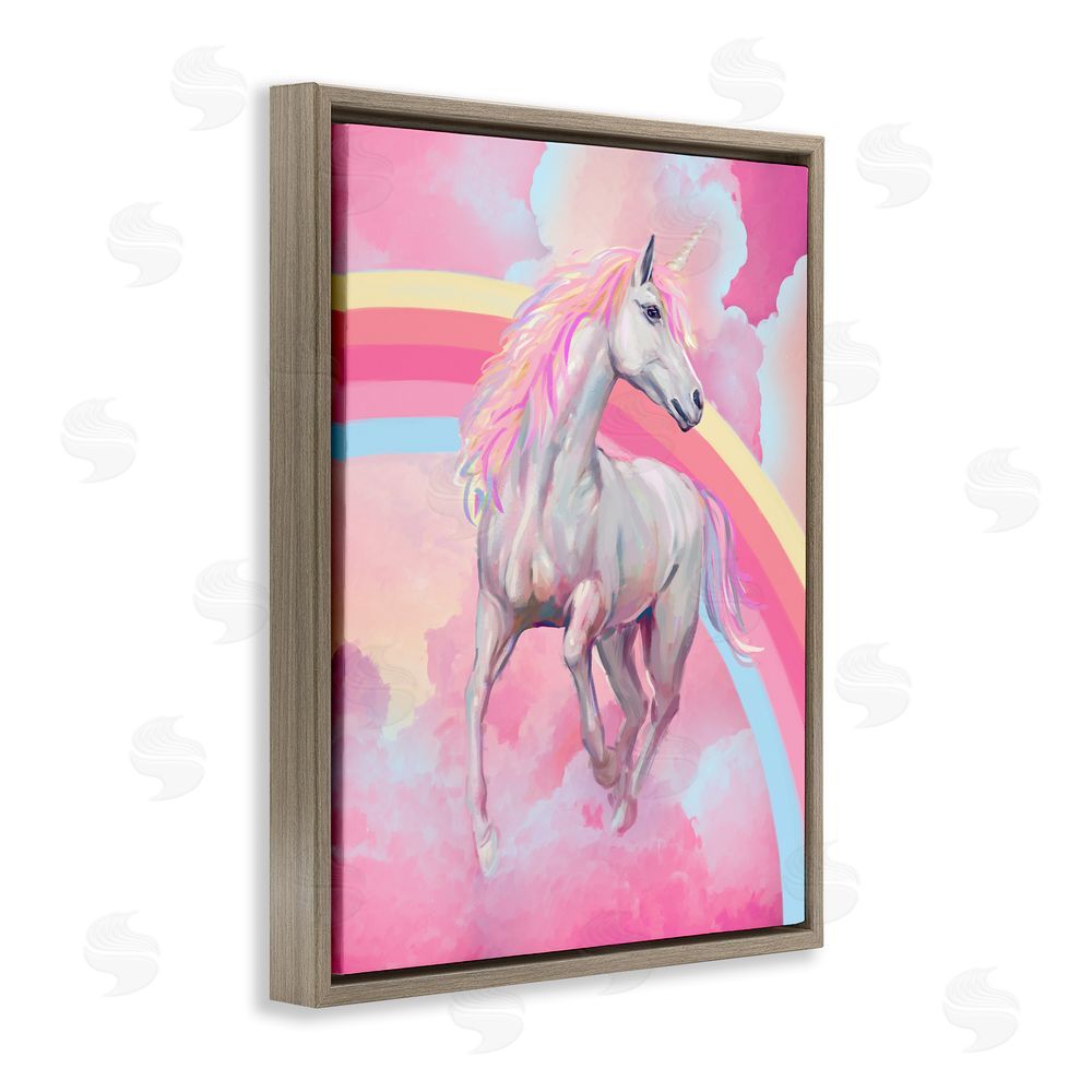 Ziwei Li Pink Unicorn & Clouds Brown Floating Frame Canvas Wall Art Print