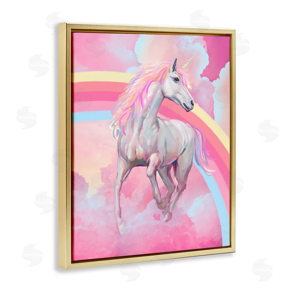Ziwei Li Pink Unicorn & Clouds Gold Floating Frame Canvas Wall Art Print