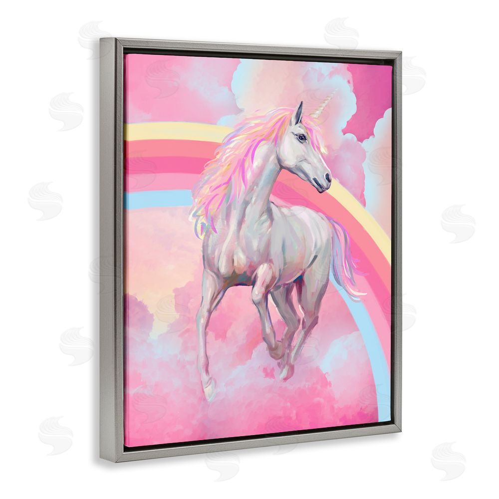 Ziwei Li Pink Unicorn & Clouds Grey Floating Frame Canvas Wall Art Print