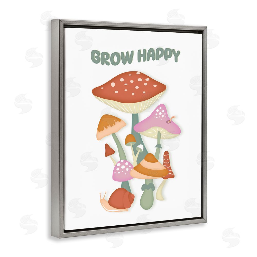 Martina Pavlova Grow Happy Retro Mushrooms Grey Floating Frame Canvas Wall Art Print