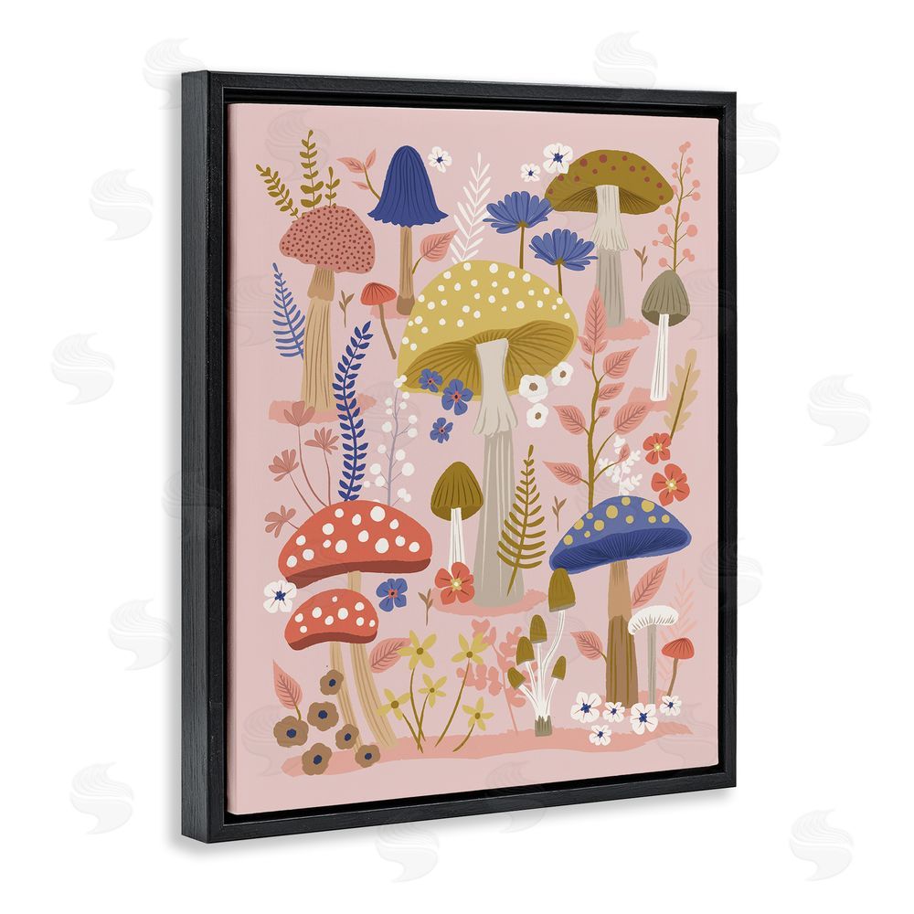 Lisa Perry Whitebutton Mushrooms & Botanical Pattern Black Floating Frame Canvas Wall Art Print
