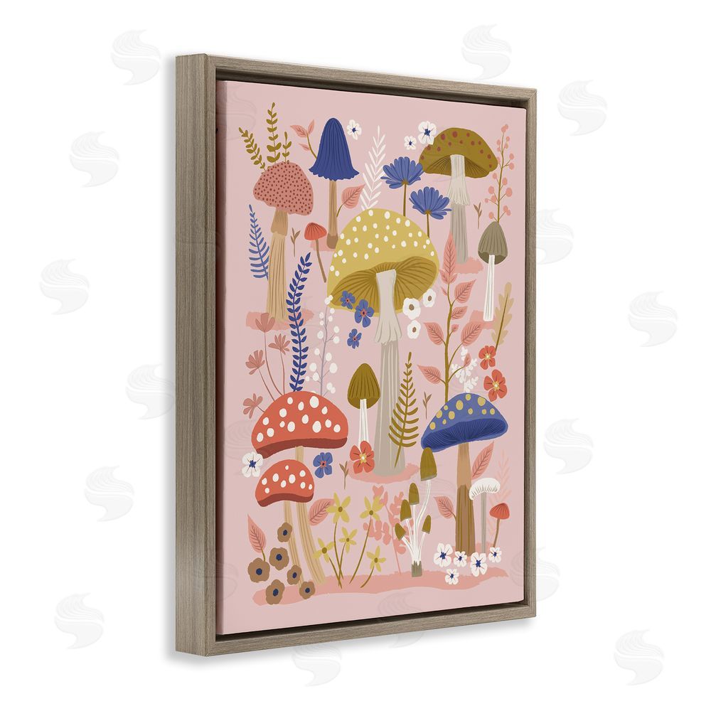 Lisa Perry Whitebutton Mushrooms & Botanical Pattern Brown Floating Frame Canvas Wall Art Print