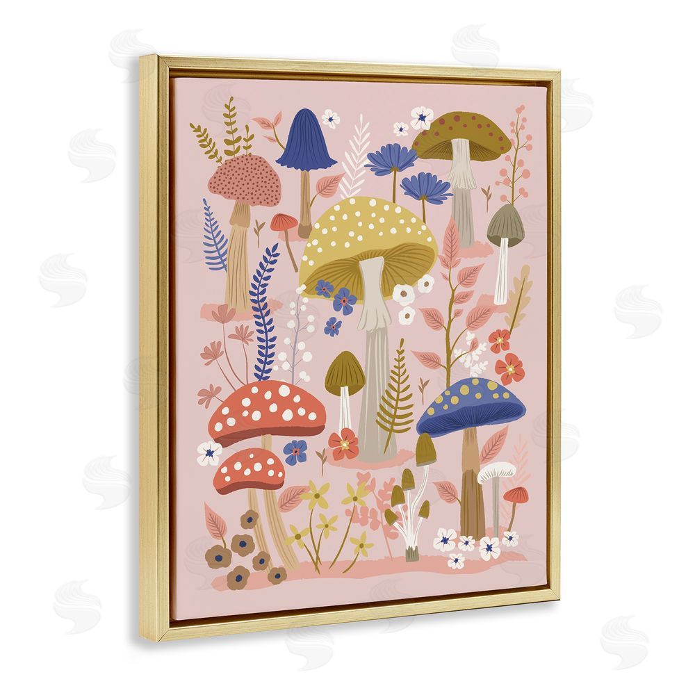 Lisa Perry Whitebutton Mushrooms & Botanical Pattern Gold Floating Frame Canvas Wall Art Print