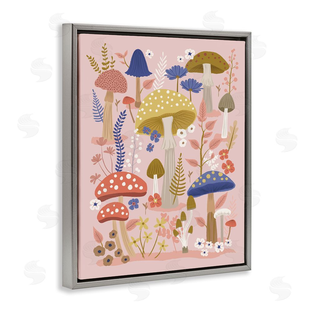 Lisa Perry Whitebutton Mushrooms & Botanical Pattern Grey Floating Frame Canvas Wall Art Print