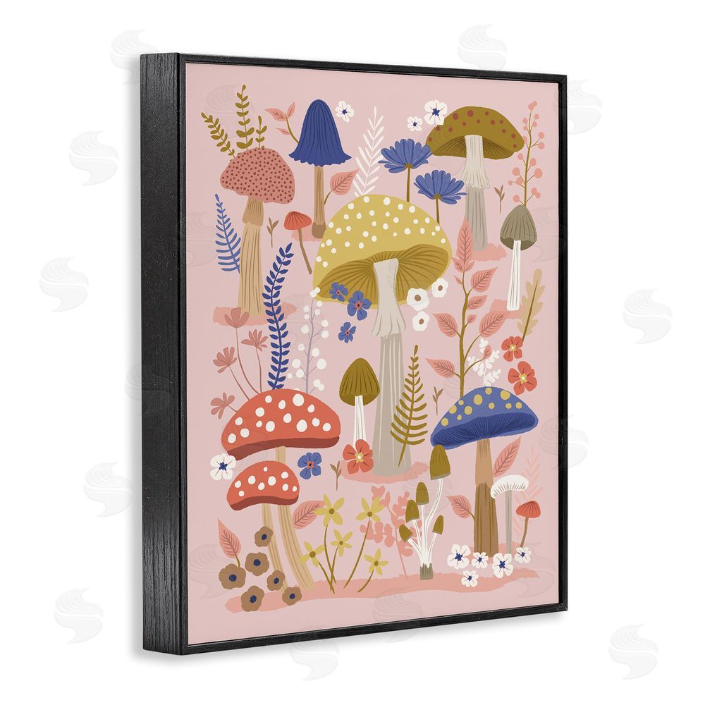 Lisa Perry Whitebutton Mushrooms & Botanical Pattern Black Framed Giclee Wall Art Print