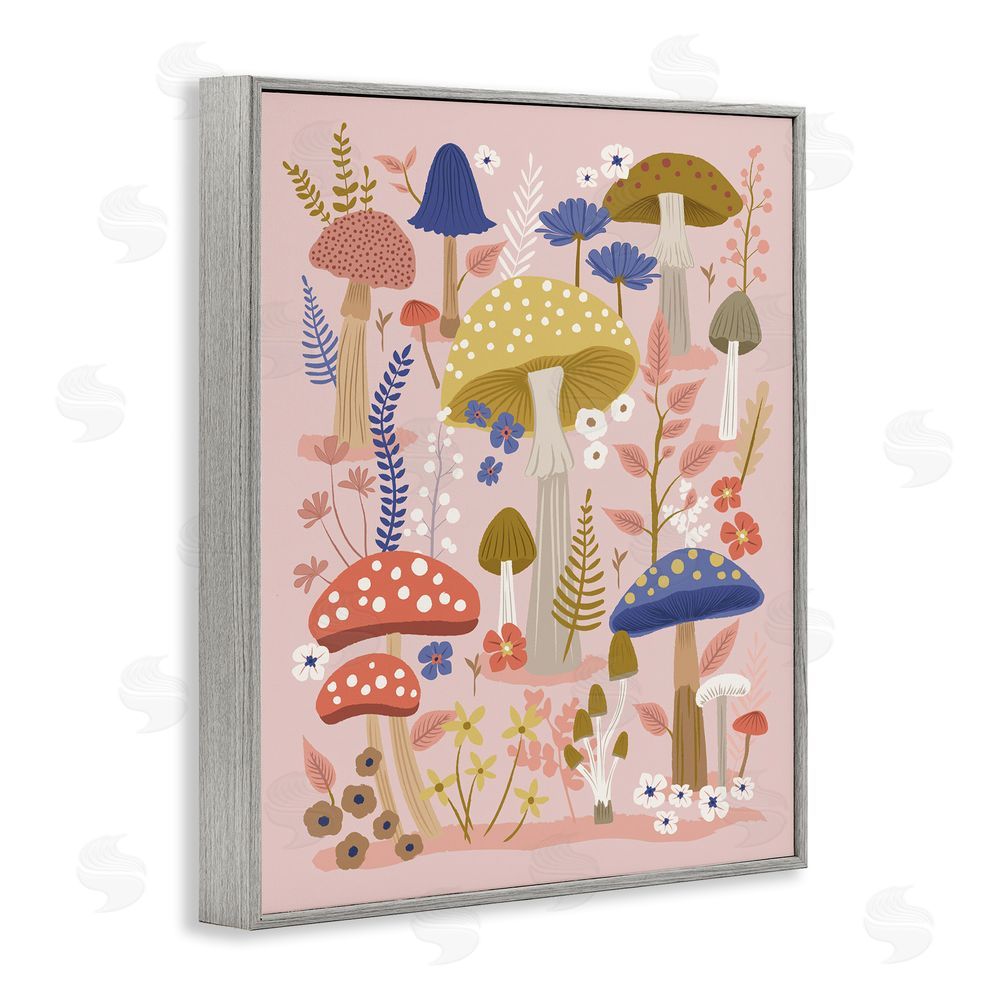 Lisa Perry Whitebutton Mushrooms & Botanical Pattern Gray Framed Giclee Wall Art Print