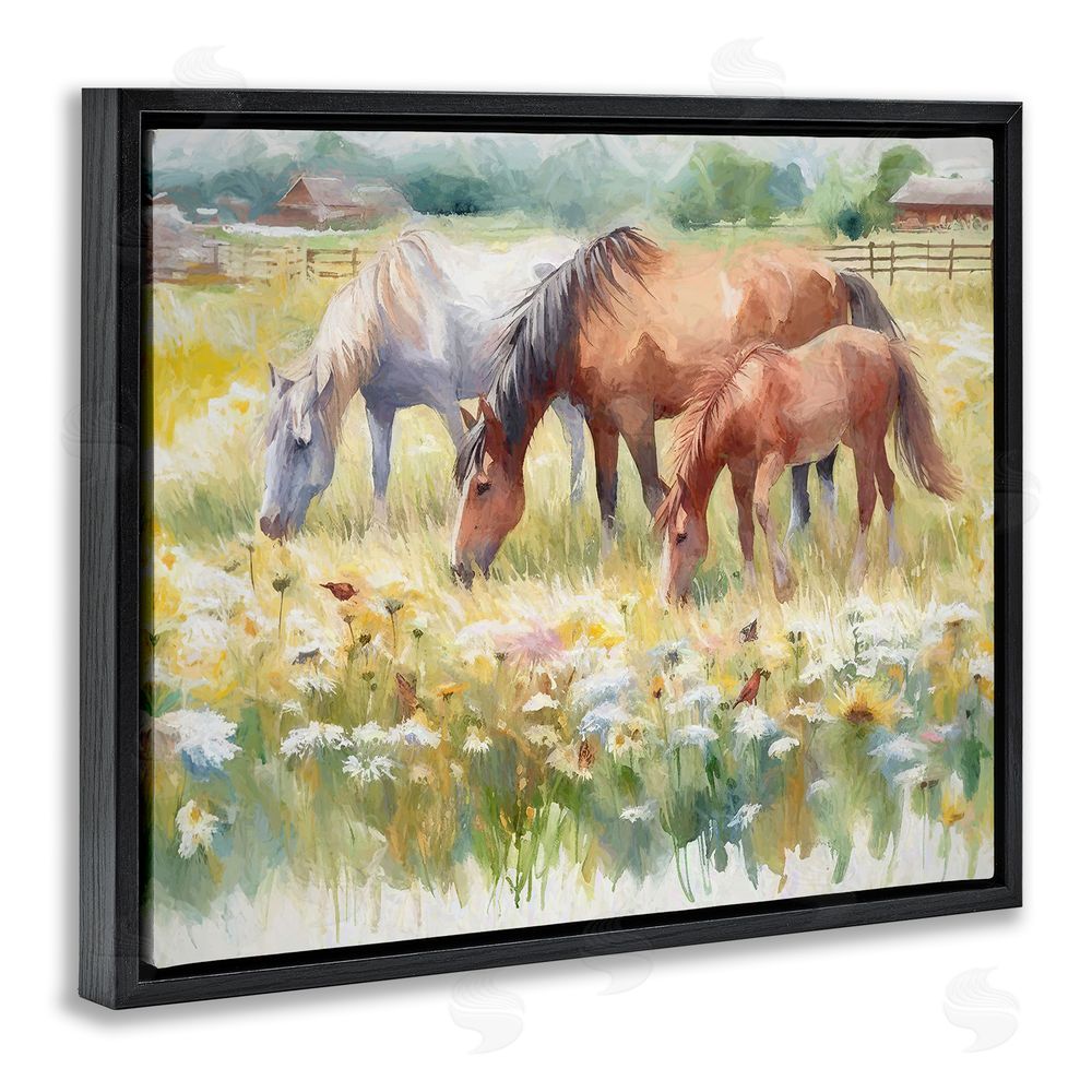 Ramona Murdock Grazing Horses in Meadow Black Floating Frame Canvas Wall Art Print