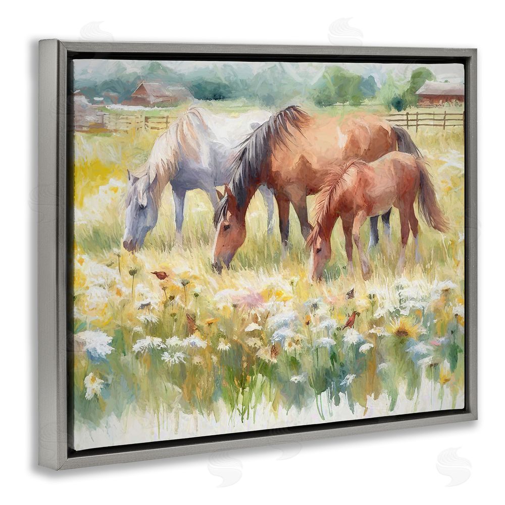 Ramona Murdock Grazing Horses in Meadow Grey Floating Frame Canvas Wall Art Print