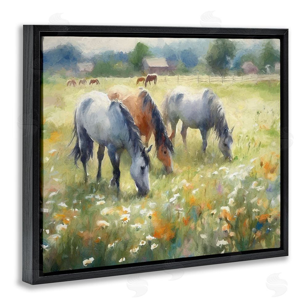 Ramona Murdock Grazing Horses in Pasture Black Floating Frame Canvas Wall Art Print