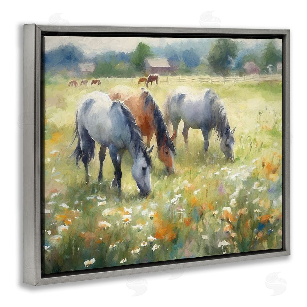 Ramona Murdock Grazing Horses in Pasture Grey Floating Frame Canvas Wall Art Print