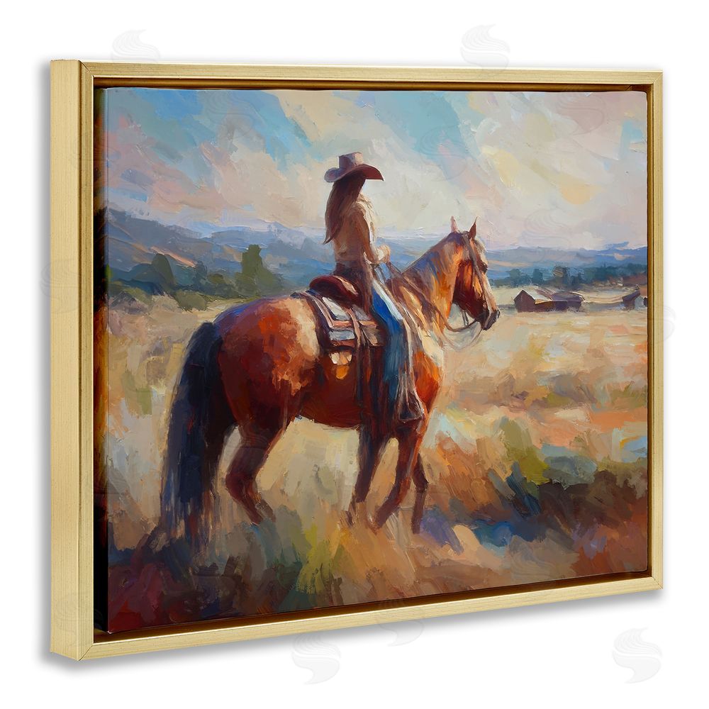 Ramona Murdock Cowgirl in Western Scene Gold Floating Frame Canvas Wall Art Print