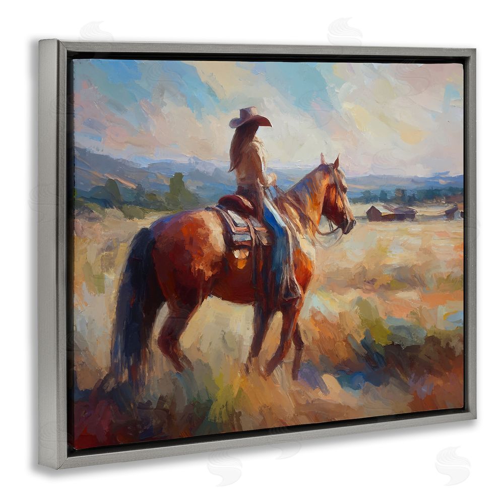 Ramona Murdock Cowgirl in Western Scene Grey Floating Frame Canvas Wall Art Print