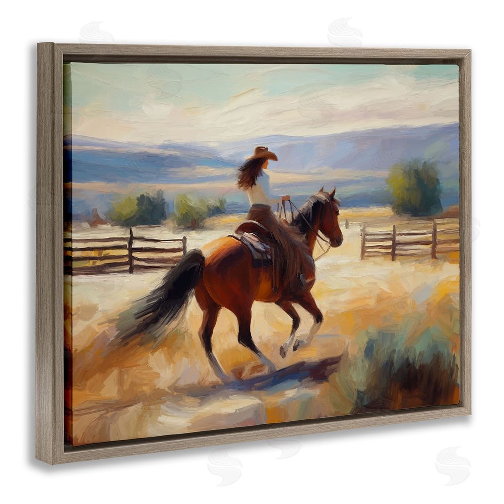 Ramona Murdock Galloping Cowgirl Landscape Brown Floating Frame Canvas Wall Art Print