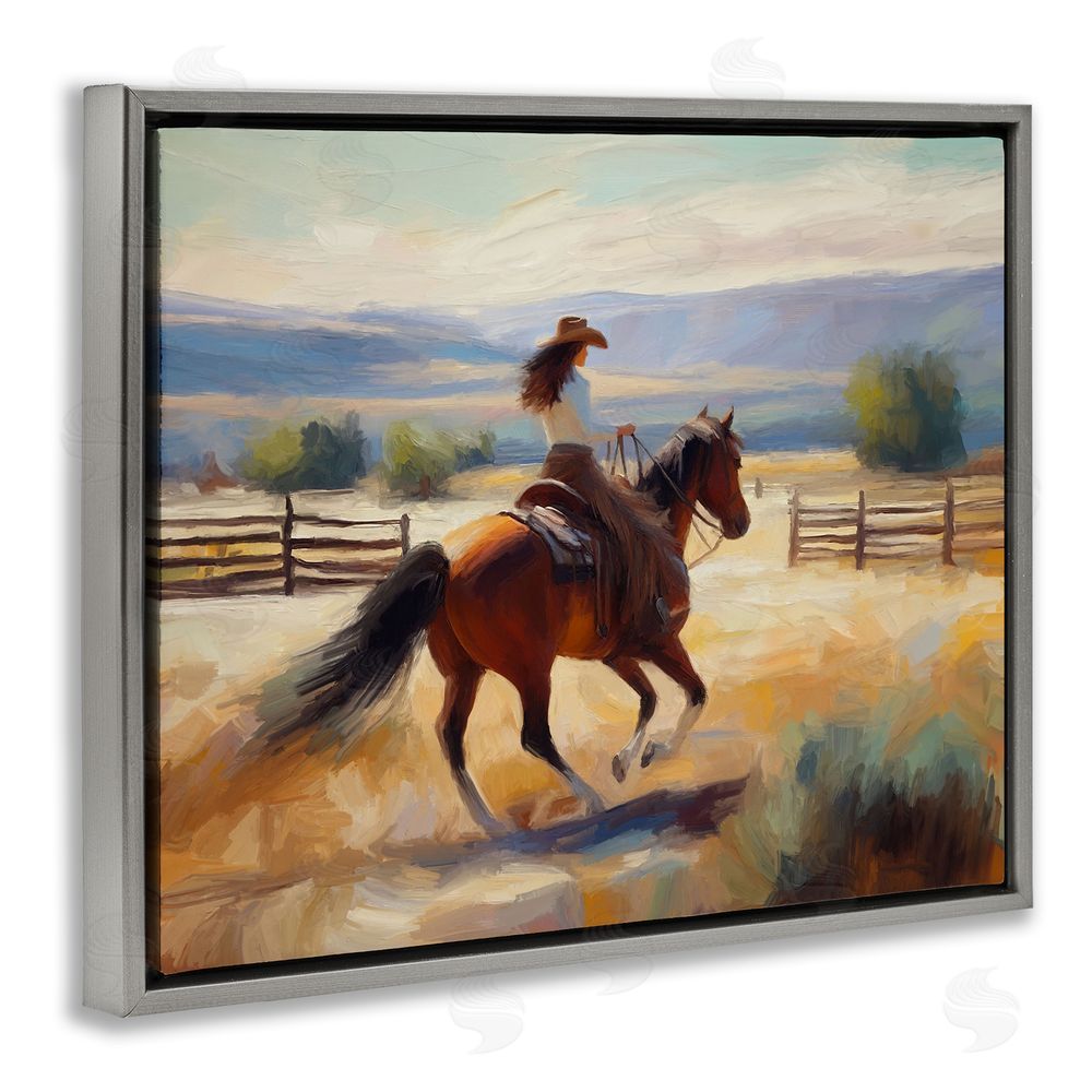 Ramona Murdock Galloping Cowgirl Landscape Grey Floating Frame Canvas Wall Art Print