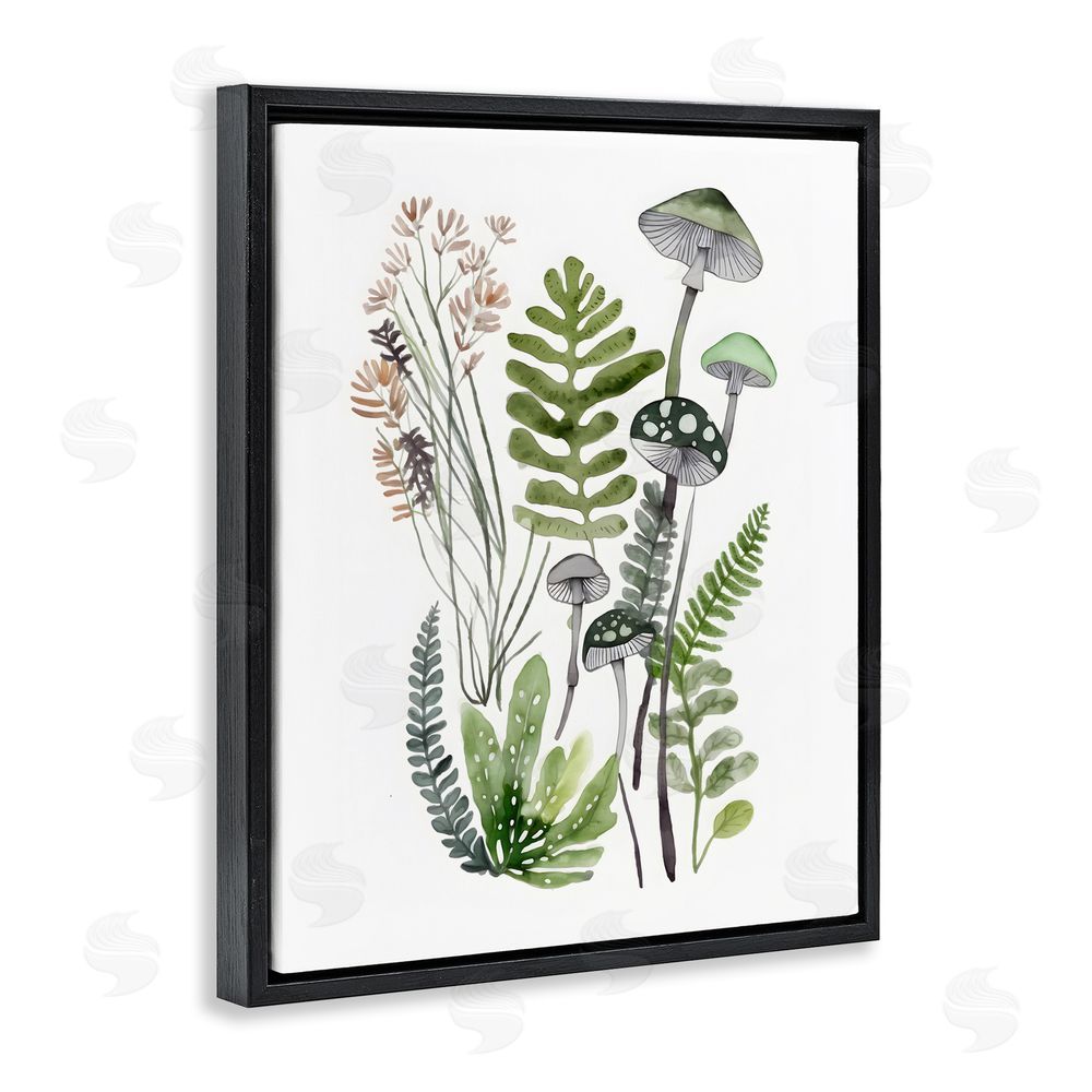 Petal Prints Design Green Mushroom Botanicals Black Floating Frame Canvas Wall Art Print