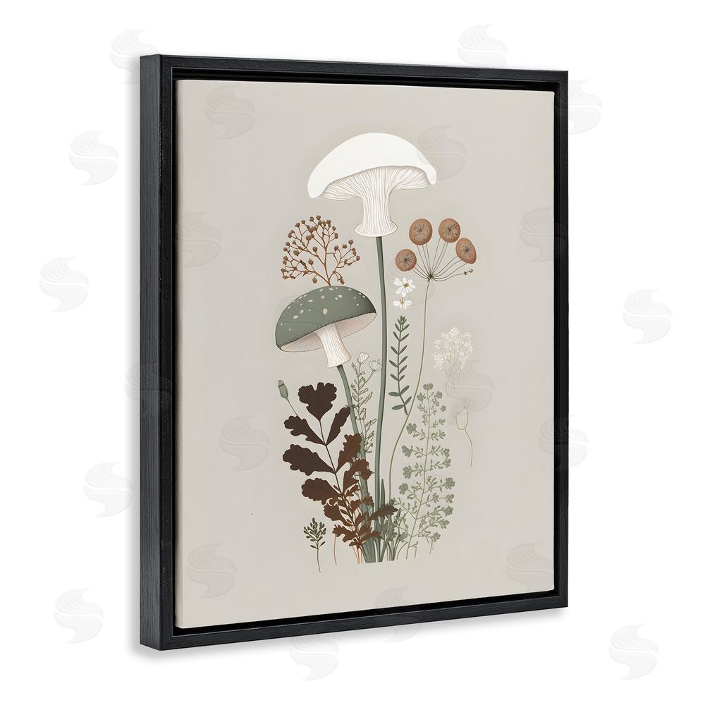 Petal Prints Design Soft Mushrooms on Grey Black Floating Frame Canvas Wall Art Print