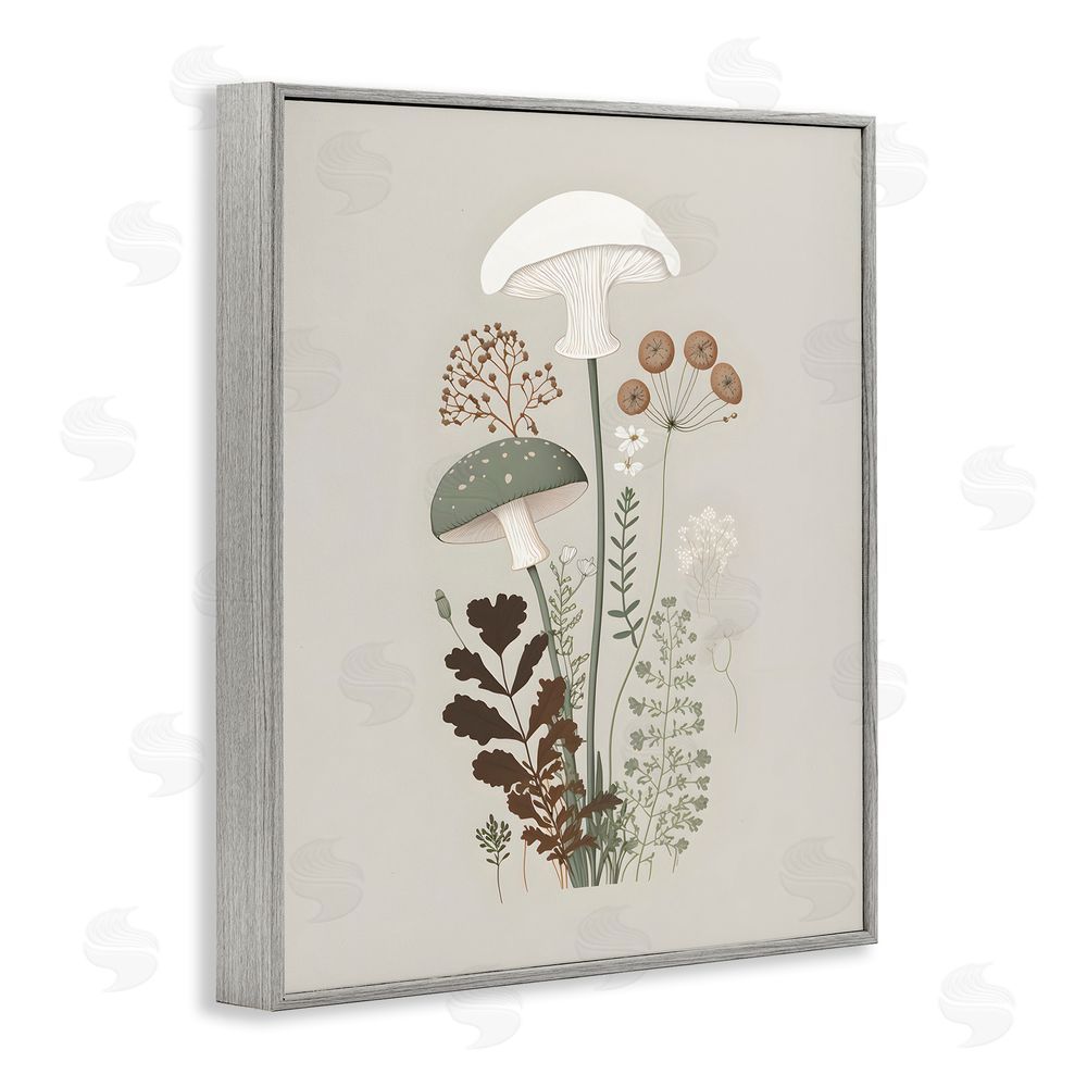 Petal Prints Design Soft Mushrooms on Grey Gray Framed Giclee Wall Art Print