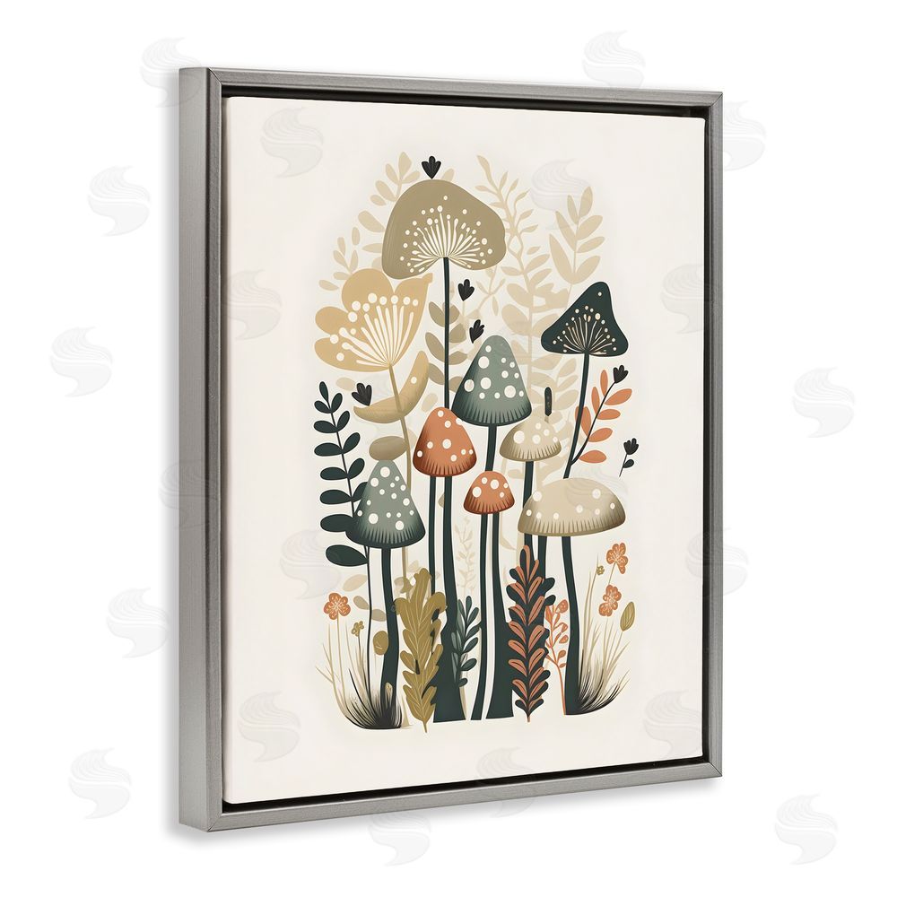Petal Prints Design Whimsical Mushroom Botanicals Grey Floating Frame Canvas Wall Art Print