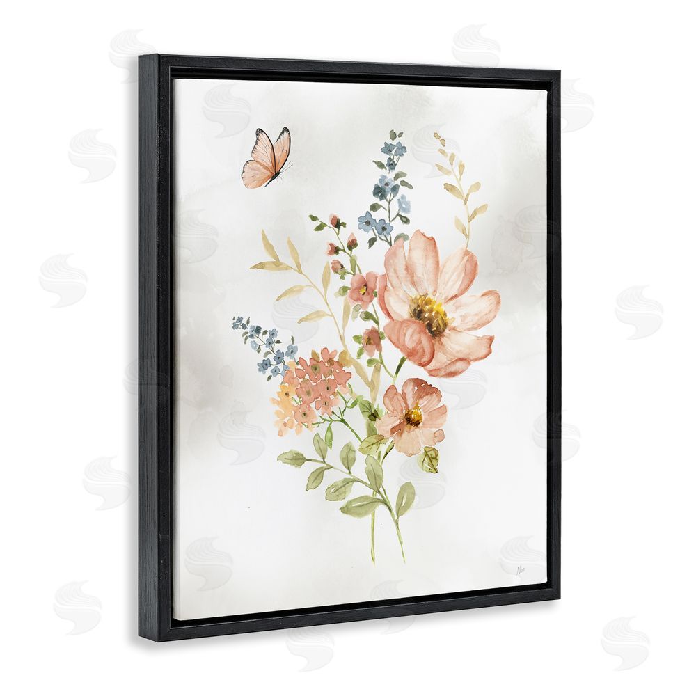 Nan Soft Pink Flower Sprigs Black Floating Frame Canvas Wall Art Print