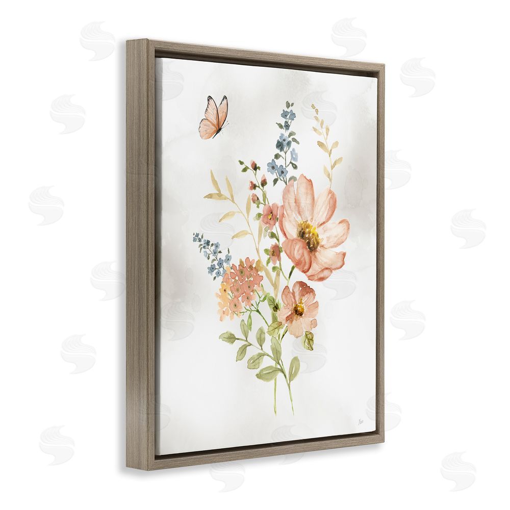 Nan Soft Pink Flower Sprigs Brown Floating Frame Canvas Wall Art Print