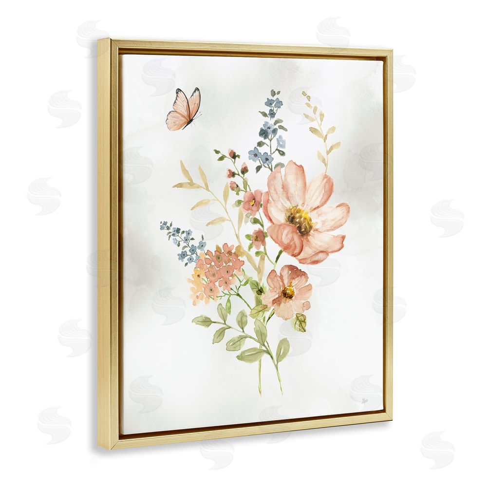 Nan Soft Pink Flower Sprigs Gold Floating Frame Canvas Wall Art Print