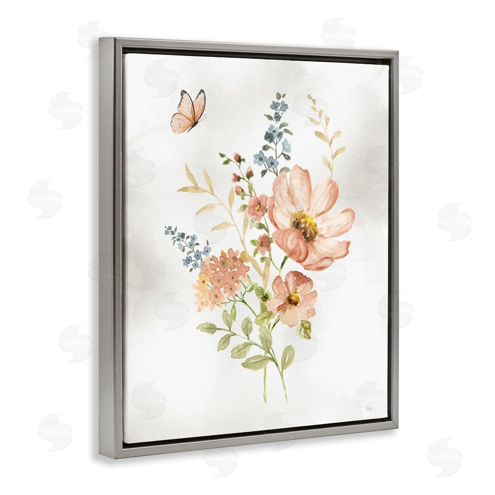 Nan Soft Pink Flower Sprigs Grey Floating Frame Canvas Wall Art Print