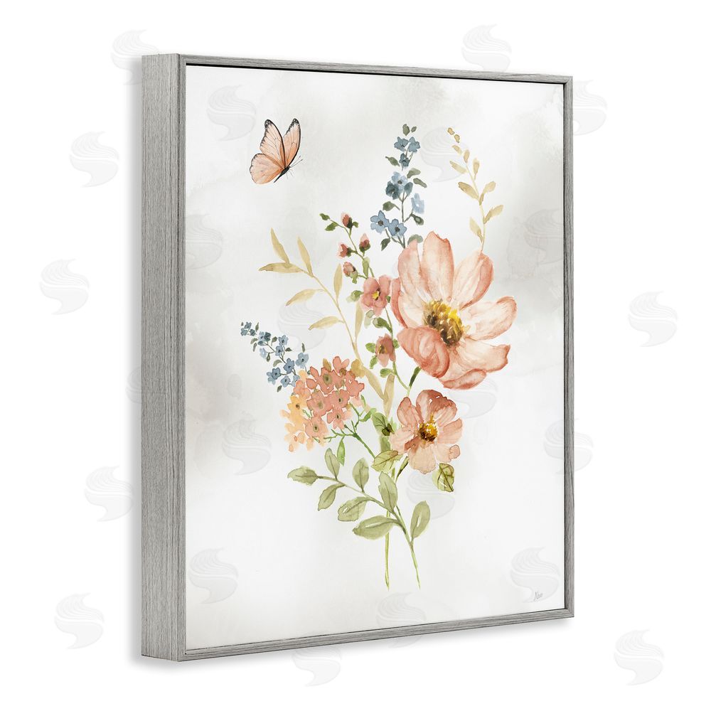 Nan Soft Pink Flower Sprigs Gray Framed Giclee Wall Art Print
