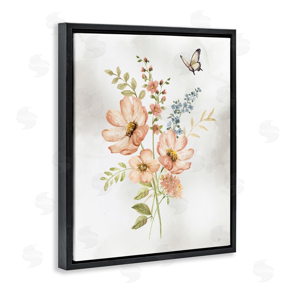 Nan Pink Daisies & Butterfly Black Floating Frame Canvas Wall Art Print
