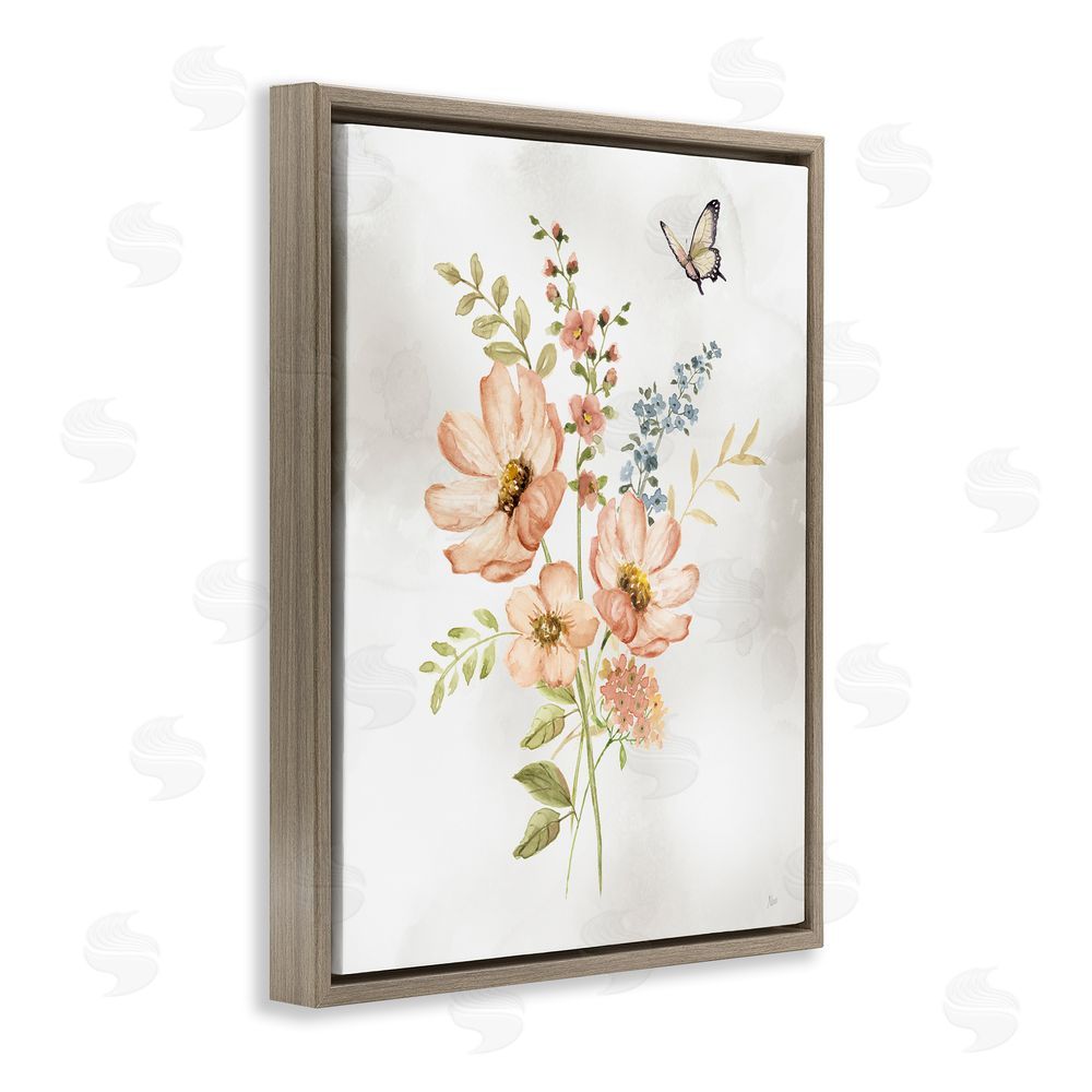 Nan Pink Daisies & Butterfly Brown Floating Frame Canvas Wall Art Print