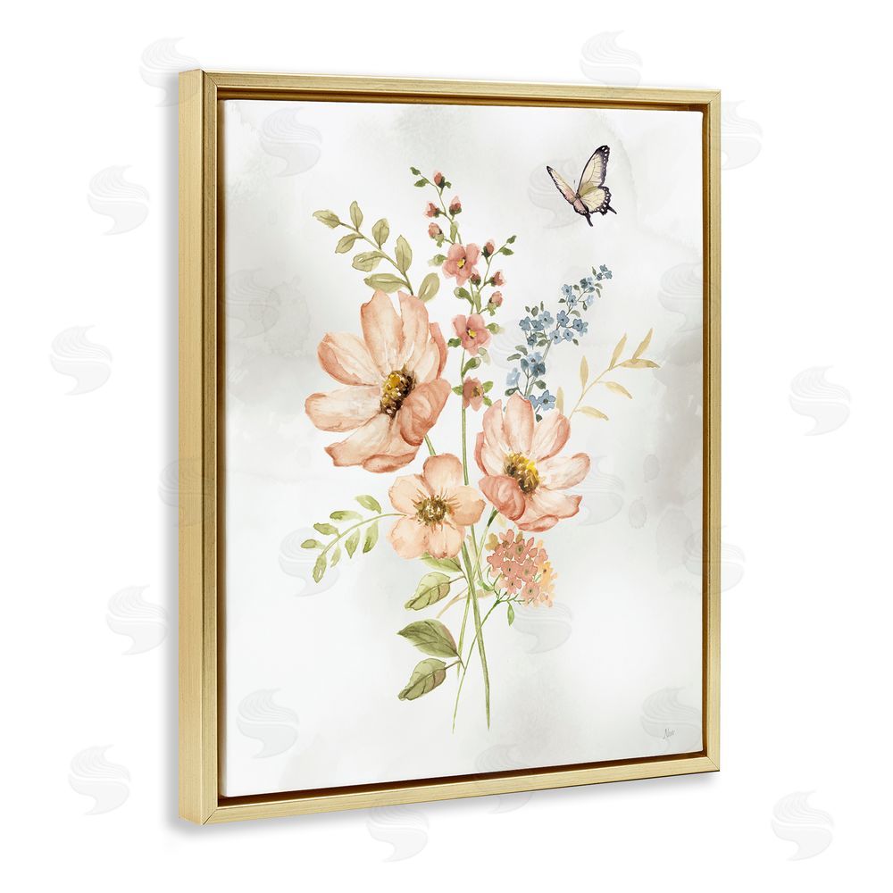 Nan Pink Daisies & Butterfly Gold Floating Frame Canvas Wall Art Print