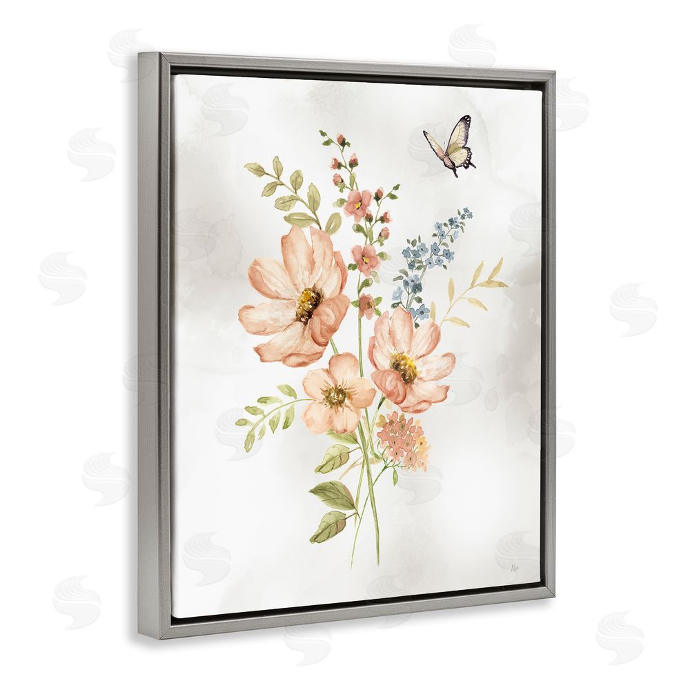 Nan Pink Daisies & Butterfly Grey Floating Frame Canvas Wall Art Print