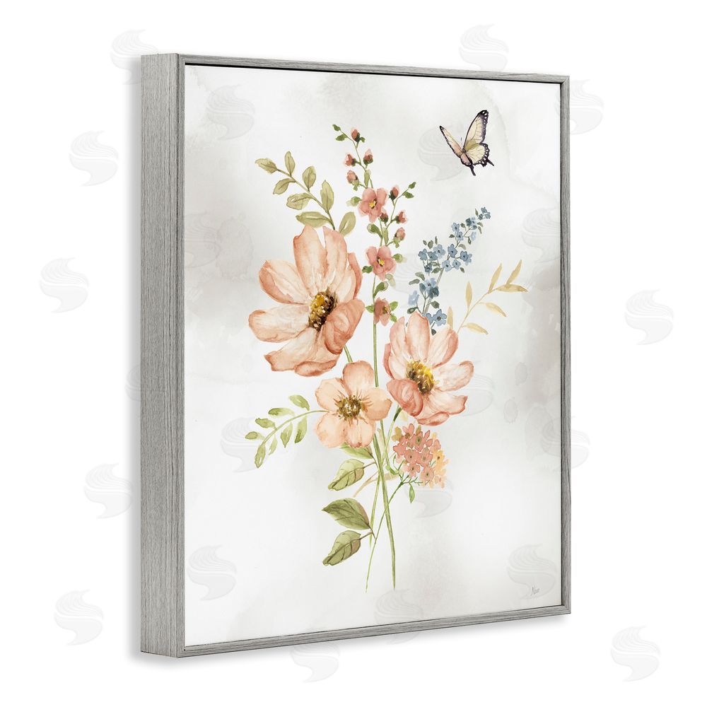 Nan Pink Daisies & Butterfly Gray Framed Giclee Wall Art Print