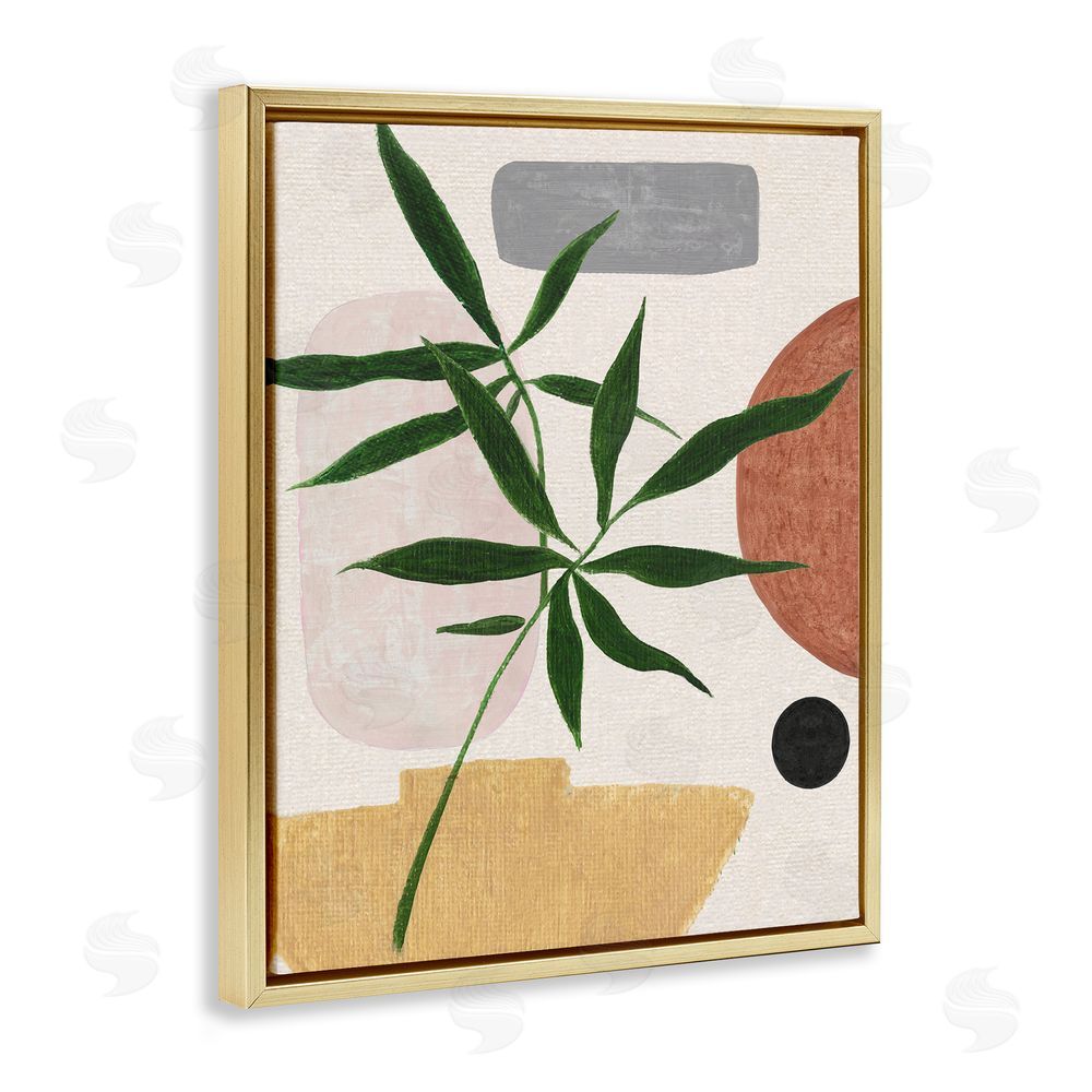 Janet Tava House Plant & Abstract Shapes Gold Floating Frame Canvas Wall Art Print
