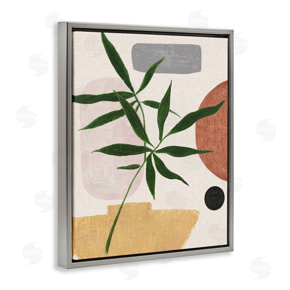 Janet Tava House Plant & Abstract Shapes Grey Floating Frame Canvas Wall Art Print