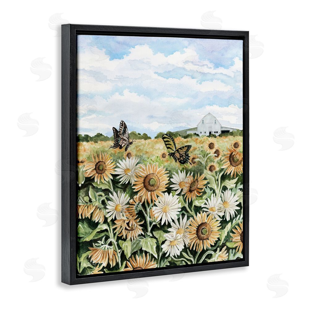 Cindy Jacobs Sunflower Garden with Butterflies Black Floating Frame Canvas Wall Art Print