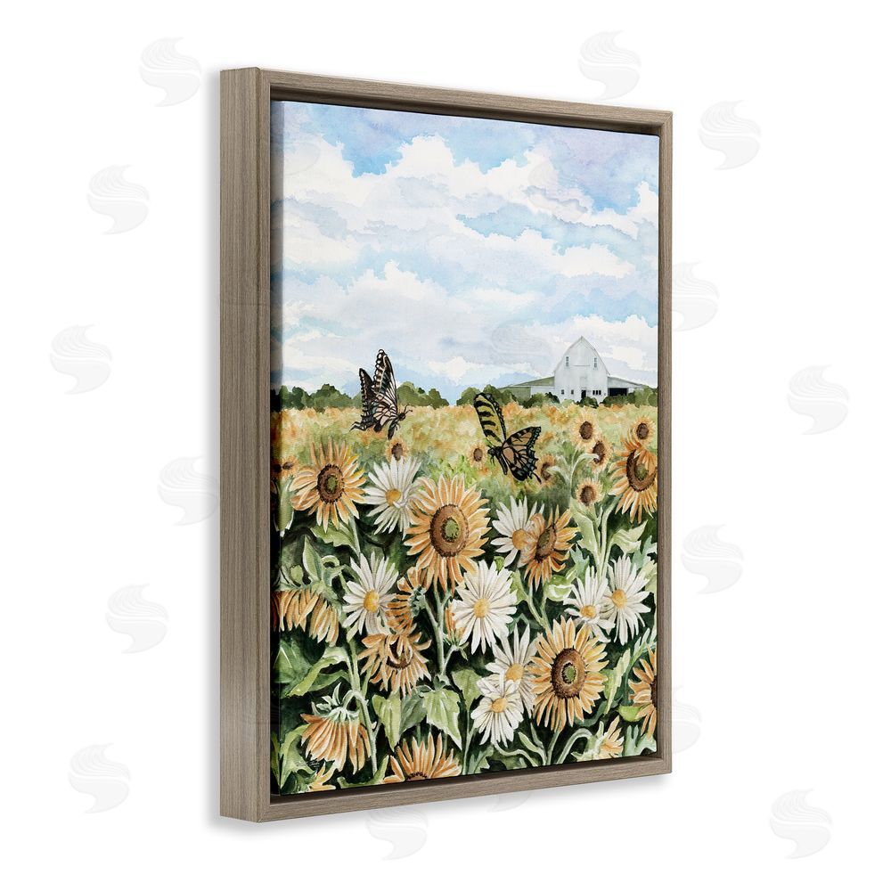 Cindy Jacobs Sunflower Garden with Butterflies Brown Floating Frame Canvas Wall Art Print