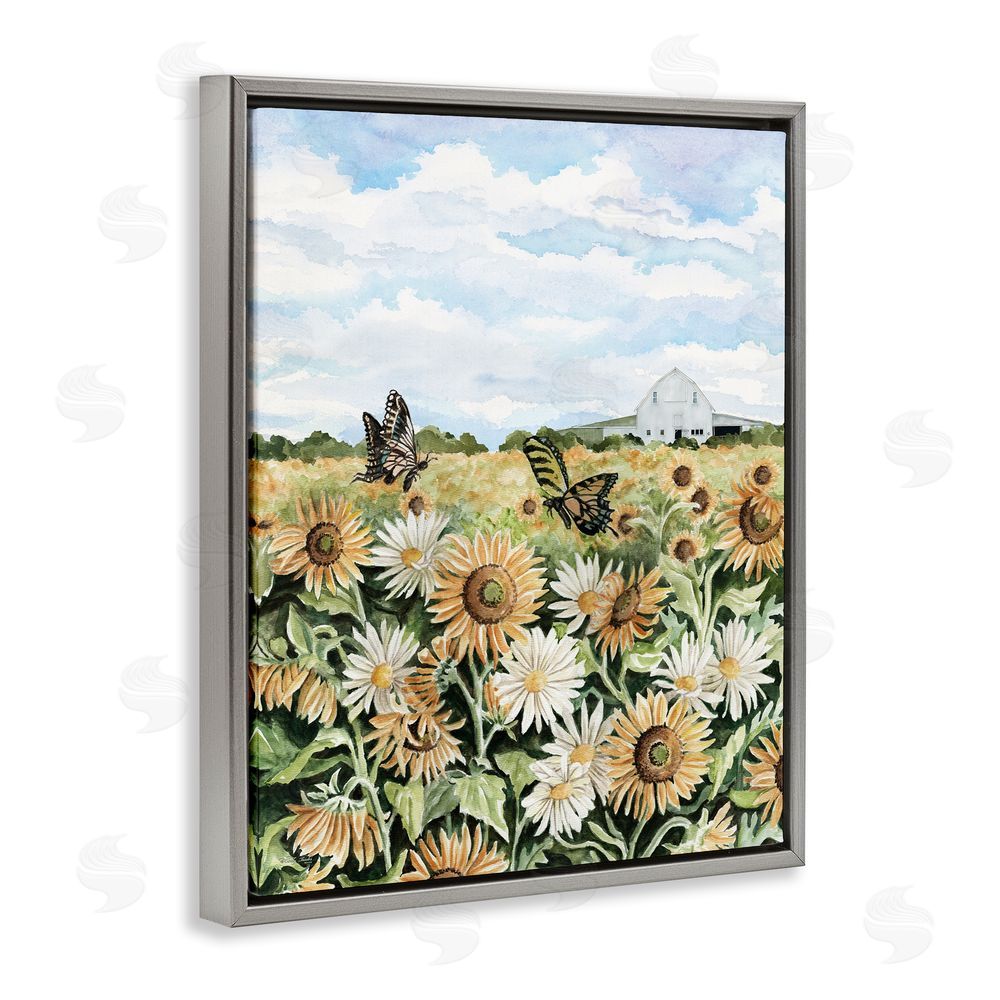 Cindy Jacobs Sunflower Garden with Butterflies Grey Floating Frame Canvas Wall Art Print