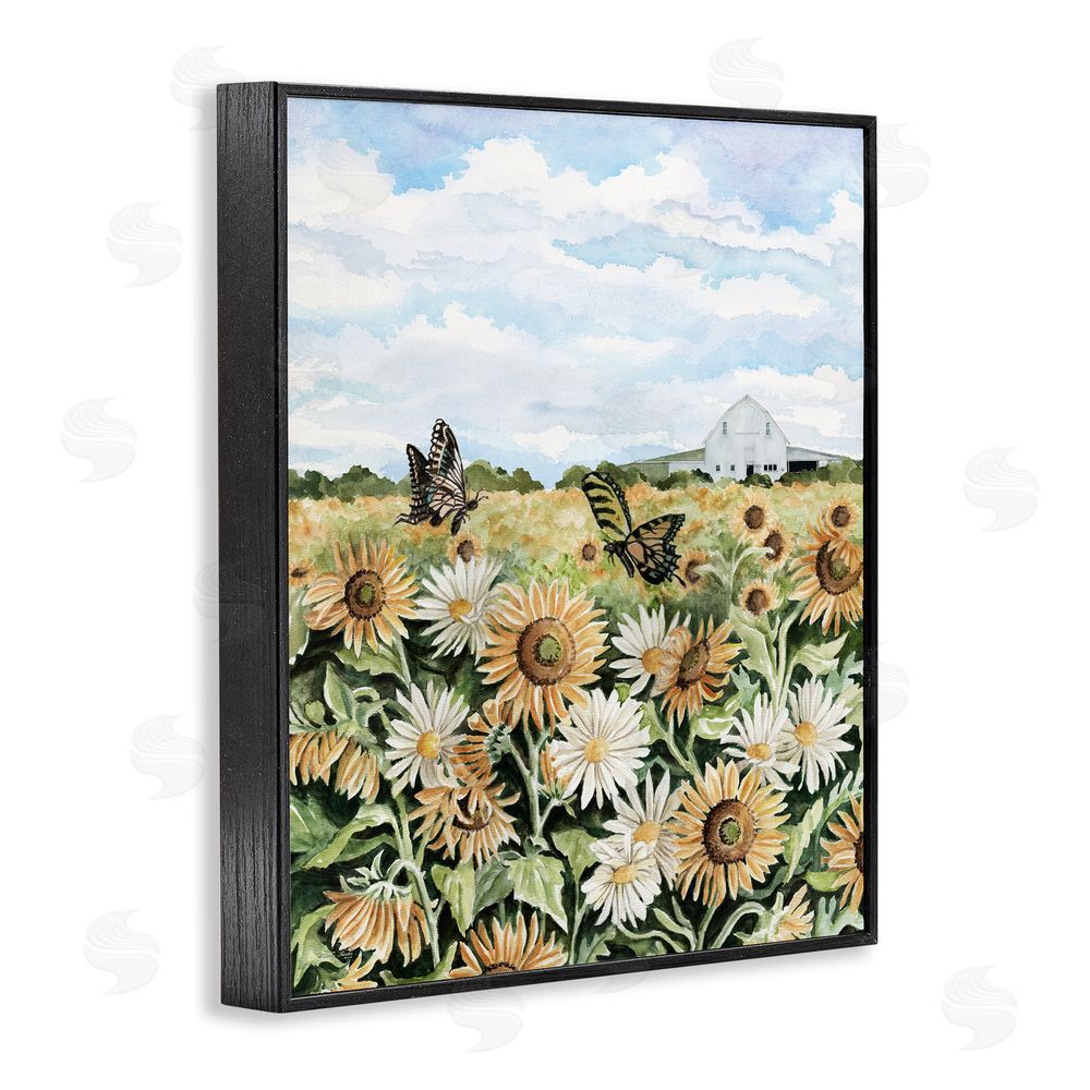 Cindy Jacobs Sunflower Garden with Butterflies Black Framed Giclee Wall Art Print