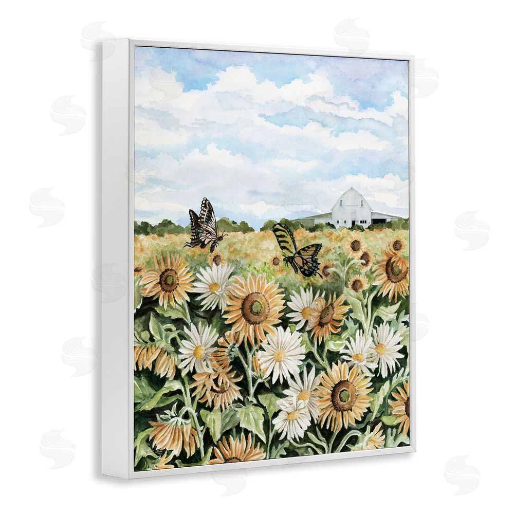 Cindy Jacobs Sunflower Garden with Butterflies White Framed Giclee Wall Art Print