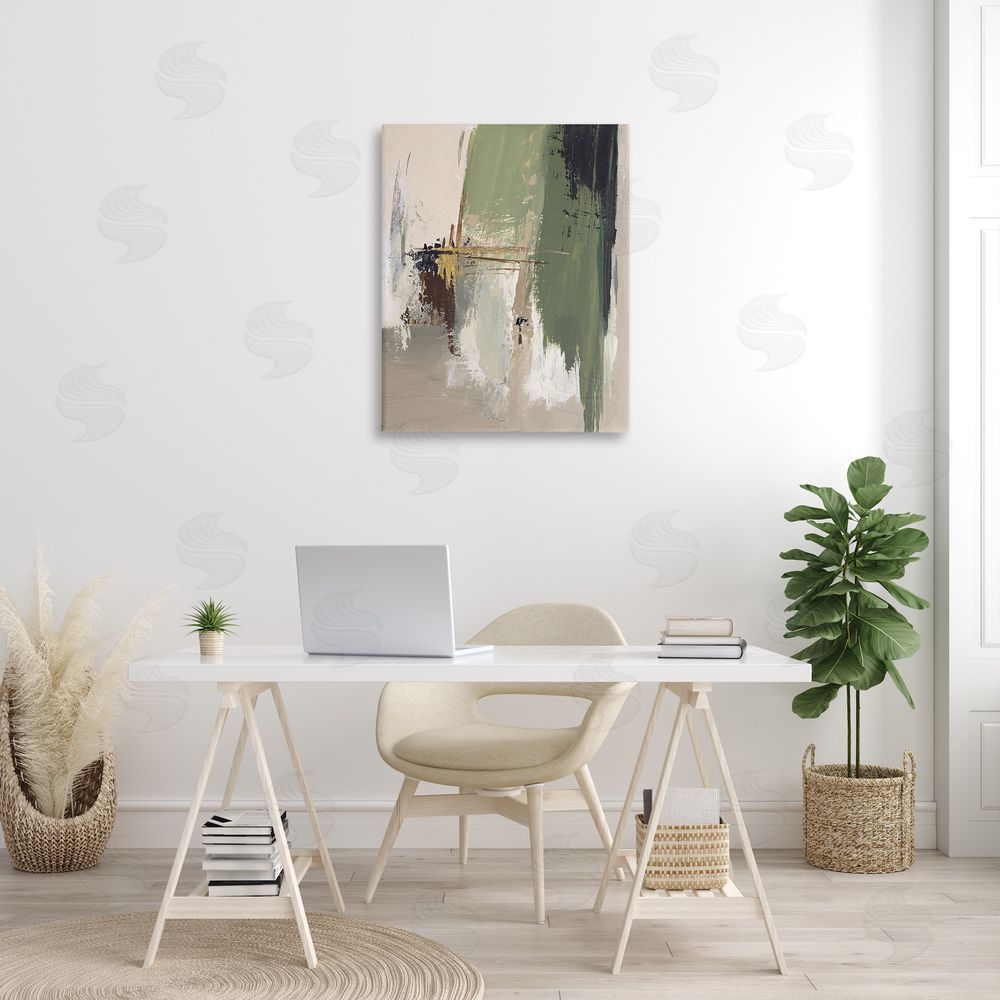 Patricia Pinto Green & Tan Brush Strokes Canvas Wall Art Print in Room