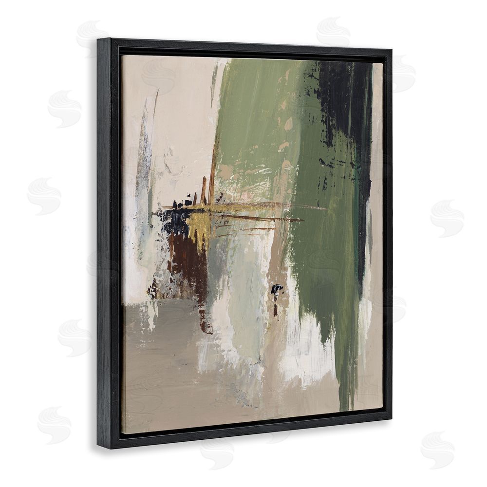 Patricia Pinto Green & Tan Brush Strokes Black Floating Frame Canvas Wall Art Print